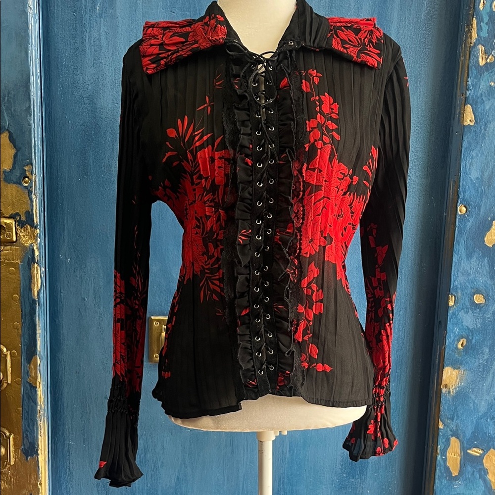 Chic Black and Red Lace-Up Blouse